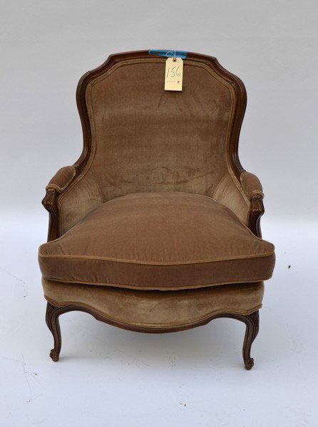 Provencial Style Bergere: Fruitwood frame, cabriole legs, having brown upholstery.