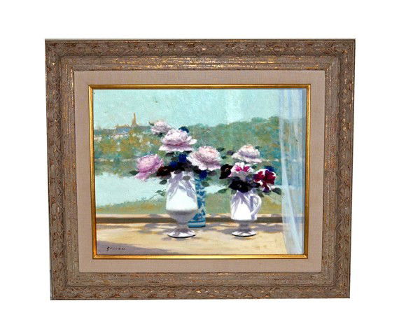 Andre Gisson Oil on Canvas Still Life: Featuring two pitchers, each with roses in full bloom resting in a windowsill with coastal landscape in distance. Canvas: 16" x 20", Frame: 24.25" x 28".