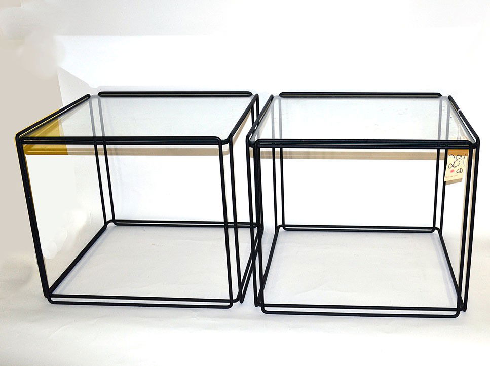 Pair of Modern Steel Frame Side Tables: Pair of modern glass top side tables on welded steel frames. 20" W x 19" D x 17.25" H.