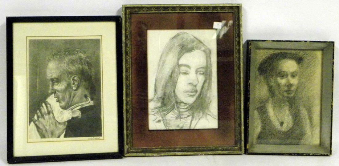 Group of Three Black and White Prints: A group of three black and white portraits consisting of a doctor holding a baby, signed lower right "Joseph Hirsch", a charcoal drawing of a lady in a hat, and a pencil drawing of a young woman. Over