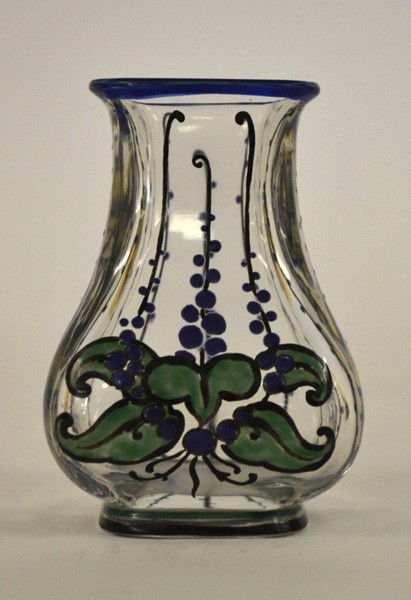Signed Goupy Vase: Glass vase signed on bottom, "M. Goupy". Features an enamel leaf and flower tendril design. 2.5" sq x 3.75" H. In excellent condition.
