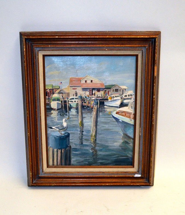 Hananiah Harari, Oil on Canvas: Framed painting of a dock scene signed "Hariri" lower right. Image: 13.25" x 10.5", Frame: 19" x 16".