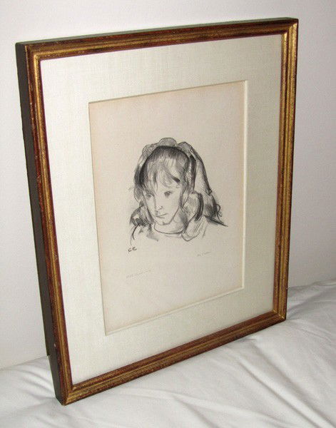 George Bellows Lithograph: Titled "Head of Anne", Bellows catalog #75, © 1922. Proof signed by George Bellows and the printer Bolton Brown. Edition of 43 prints, a portrait of the artist's daughter. Art: 9" x 11.5", Frame: 14.