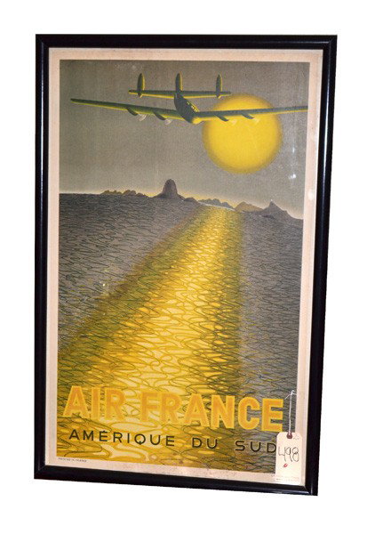 Travel Poster, "Air France Amerique du Sud": Mid-Century travel poster "Air France, Amerique du Sud". Depicts a prop-plane approaching a South American coastline. Light age-toning, waterstains and foxing, otherwise good condition. Art: 39.25" x 