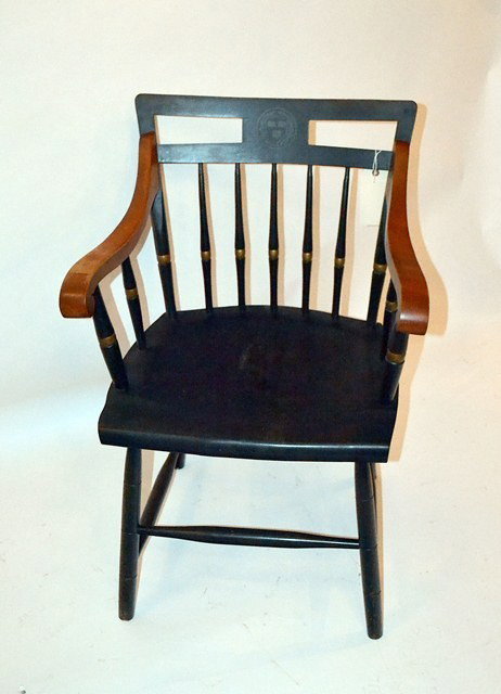 Windsor "University" Chair: Ebonized walnut open-arm university chair on turned supports. Crest rail bears a "VE/RI/TAS" stencil. 23" W x 23" D x 33" H, 18" H to seat.