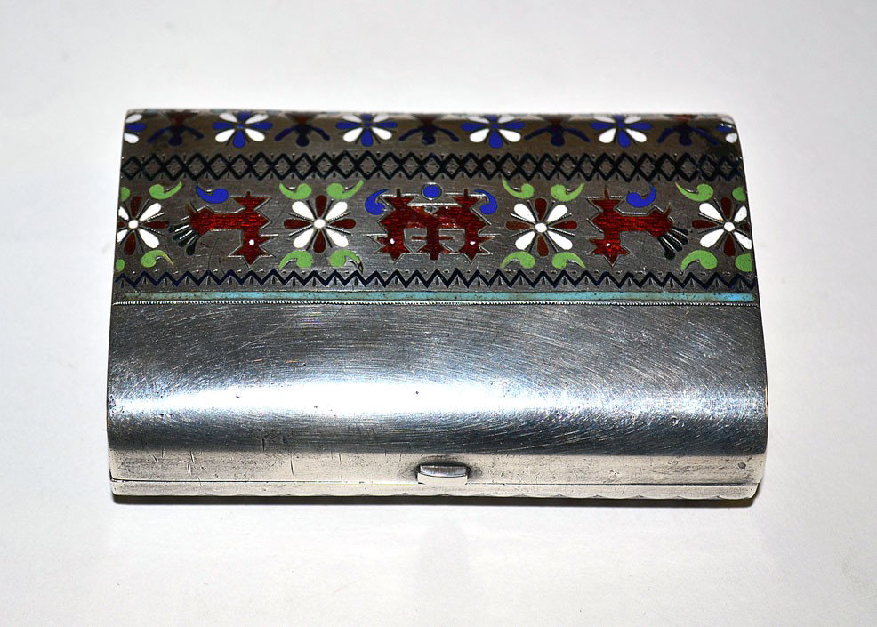 Russian Sterling Enamel Box (5.63oz Inclusive): Russian sterling enamel box. Features champleve enamel of stylized traditional folk motifs. 3.75" W x 1 1/8" H x 2.5" D. (5.63 oz inclusive)