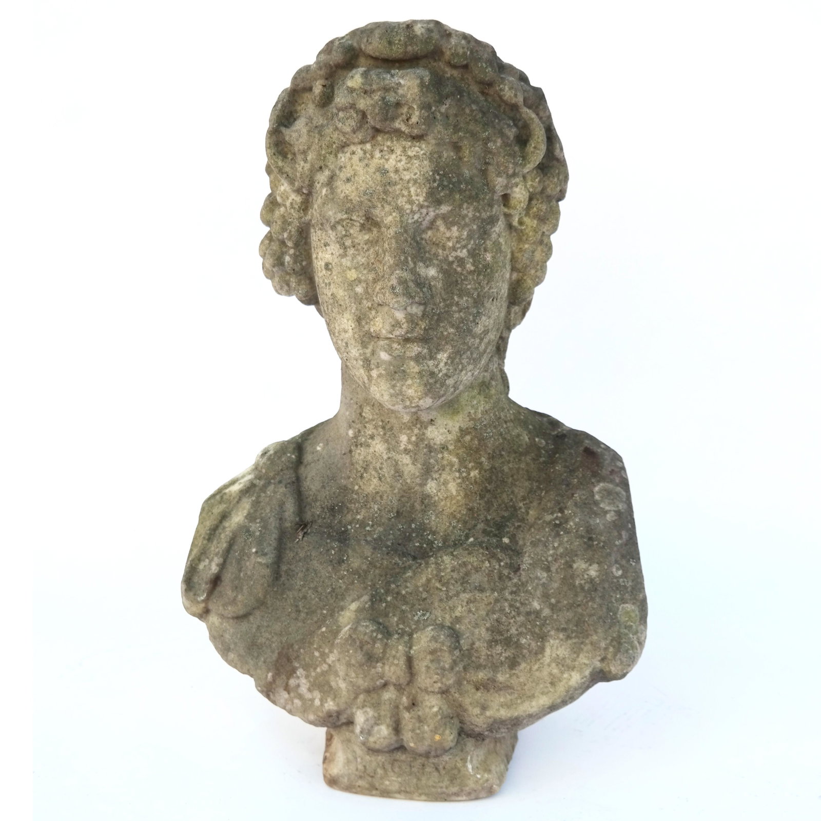 Classical-Style Bust of Bacchus: Classical-style bust of Bacchus, modeled with curly hair and grape clusters as the God of Wine and Merriment, inscribed to base. [27" H x 18" W x 13" D]. With age and weather related wear.
