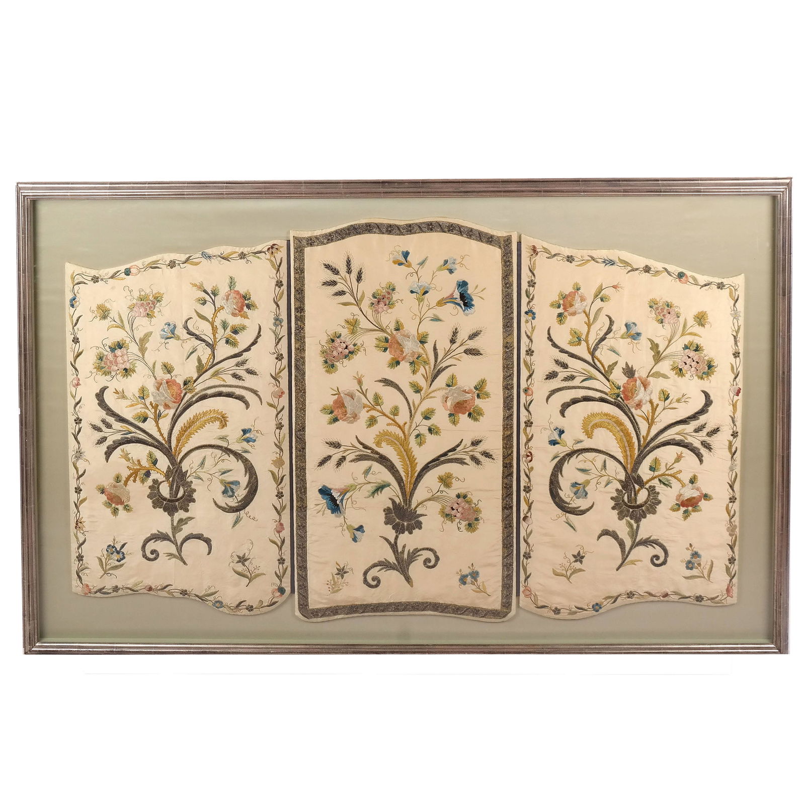18th Century Embroidered Floral Triptych Panel (1 of 9)