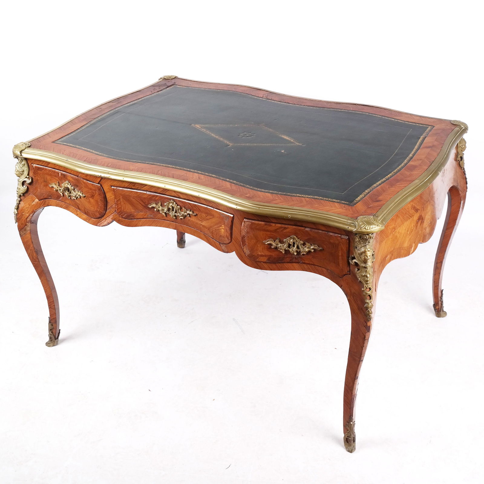 Louis XV Kingwood Bureau Plat, Circa 1760: A Louis XV kingwood bureau plat circa 1760, later retailed and partly remounted by Edward Holmes Baldock. The gilt tooled green leather top above three oak-lined drawers opposed by dummies, stamped to