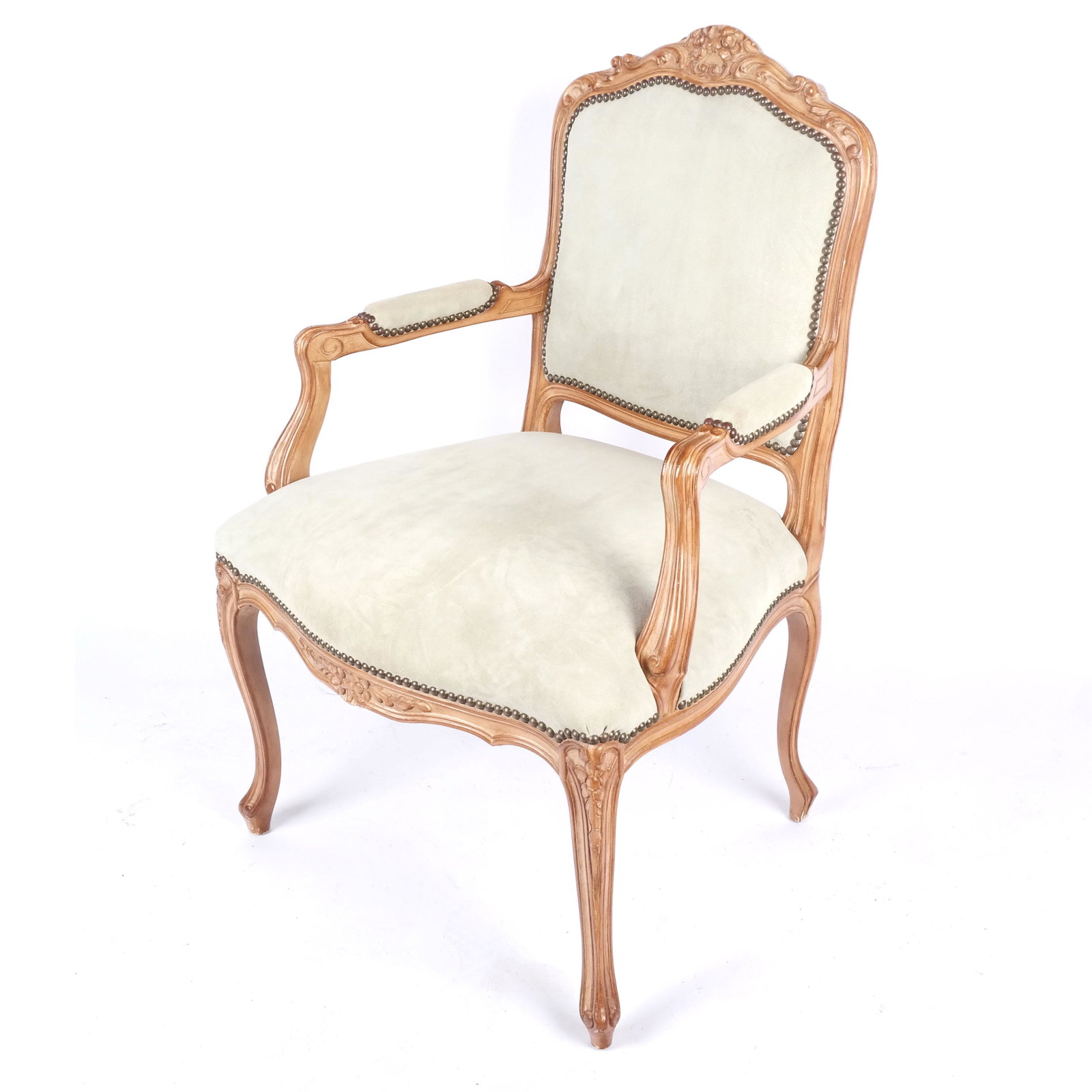 Louis XV-Style Carved Armchair: Louis XV-style carved armchair, the fauteuil with microfiber upholstery with nail head trim. [40" H x 27" W x 24 1/2" D]. Some marks to fabric, typical scuffs and wear.