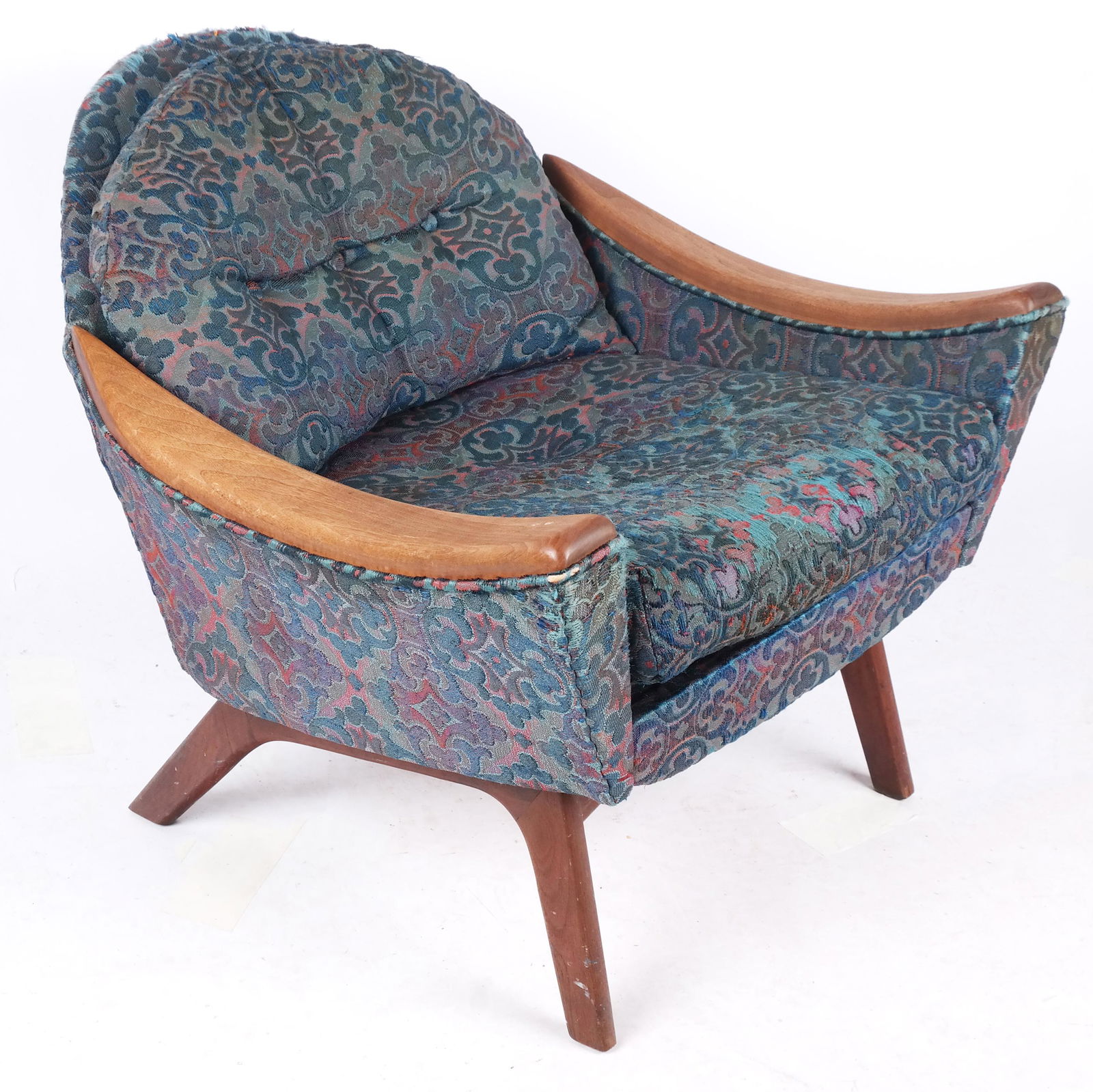 Adrian Pearsall for Craft Associates Lounge Chair: Adrian Pearsall for Craft Associates 1806-C lounge chair, mid-century modern design with multicolor brocade fabric to the wood frame. [28" H x 31" W x 32" D]. Overall with wear and losses to fabric, e