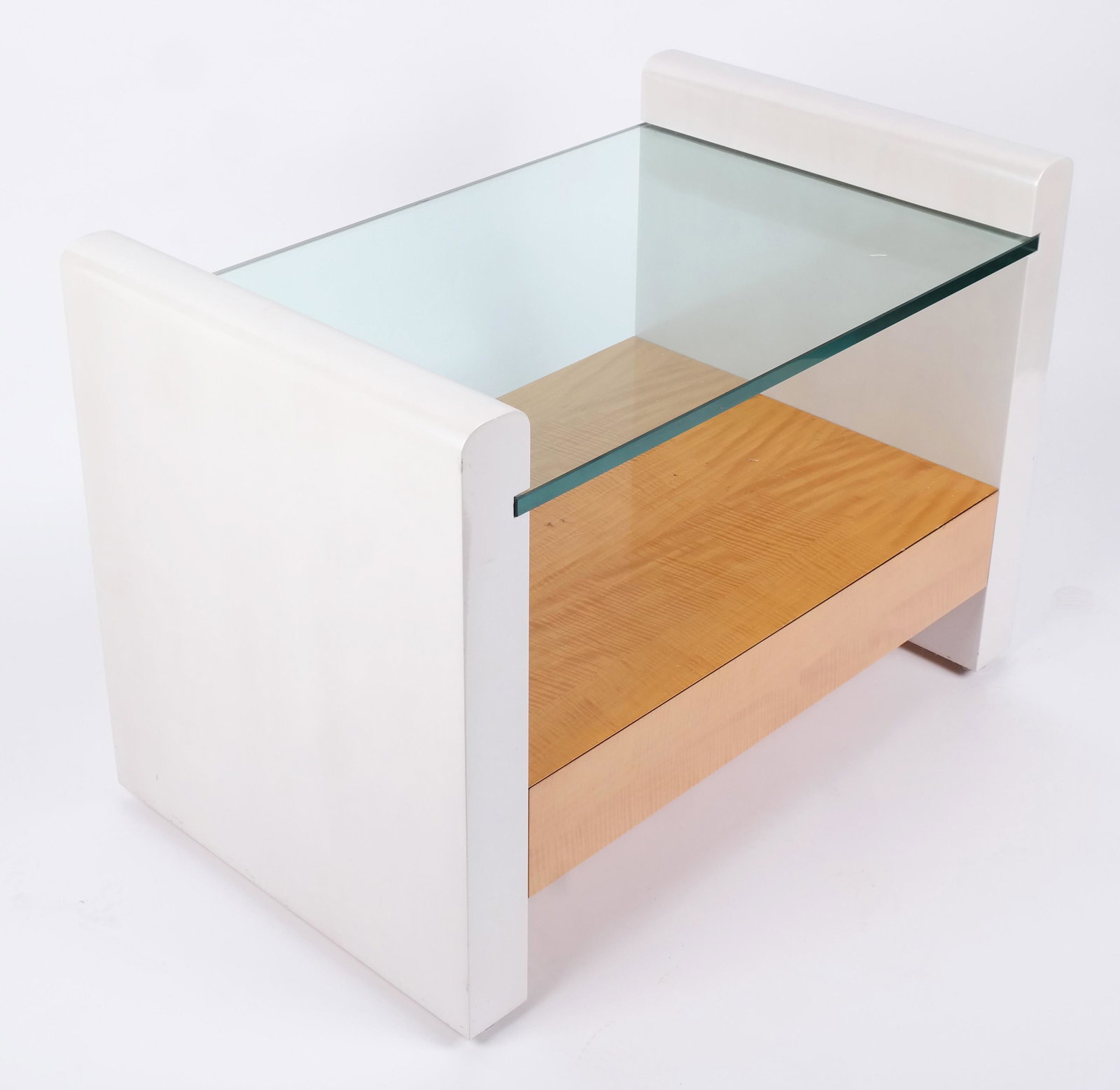 20th Century Modern Two-Tone Table: 20th century modern maple laminate and white table with single drawer and inset glass, by Michael de Santis designer. [26" H x 36" W x 22" D]. Finish repair spot, some losses.