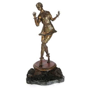 Hans KECK: Figure of a Dancer - Bronze Sculpture: Hans Keck (German, 1875-1941) bronze figure of a dancer with cold painted decoration, raised on an elephant motif base with conforming marble plinth; signed to base. Some rubbing and wear to decoratio