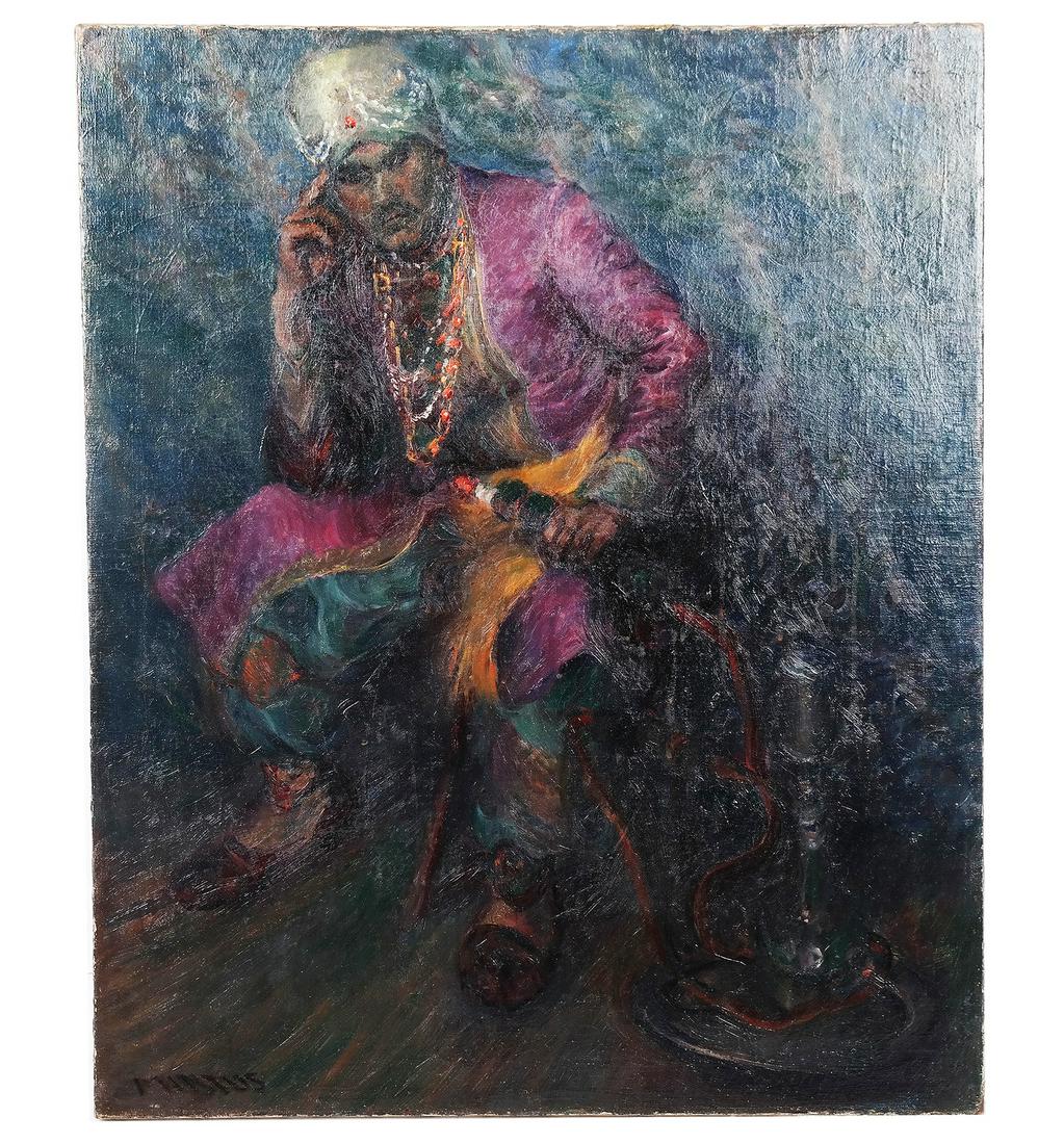 Signed MINTUS: Study of a Man - Oil on Canvas: Oil on canvas study of a man in a turban with necklaces and a purple robe, signed lower left, Mintus (?). [30" H x 25" W]. Relined.