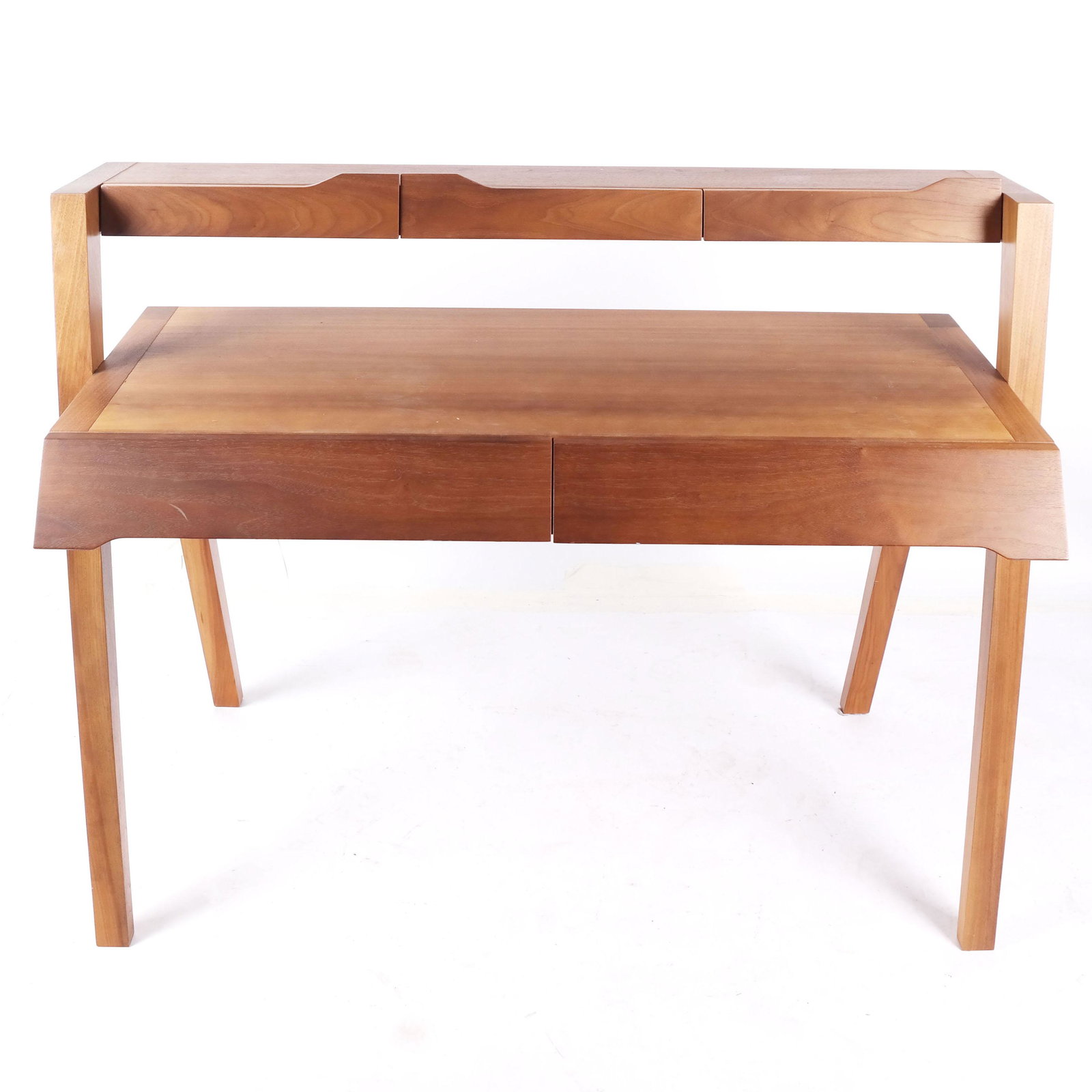Folks Singapore Fold-Out Writing Desk / Bureau: Solid wood fold-out writing desk/bureau with five drawers, by Folks, Singapore. [37 1/2" H x 44" W x 24" D]. In good condition, with some wear to writing surface.