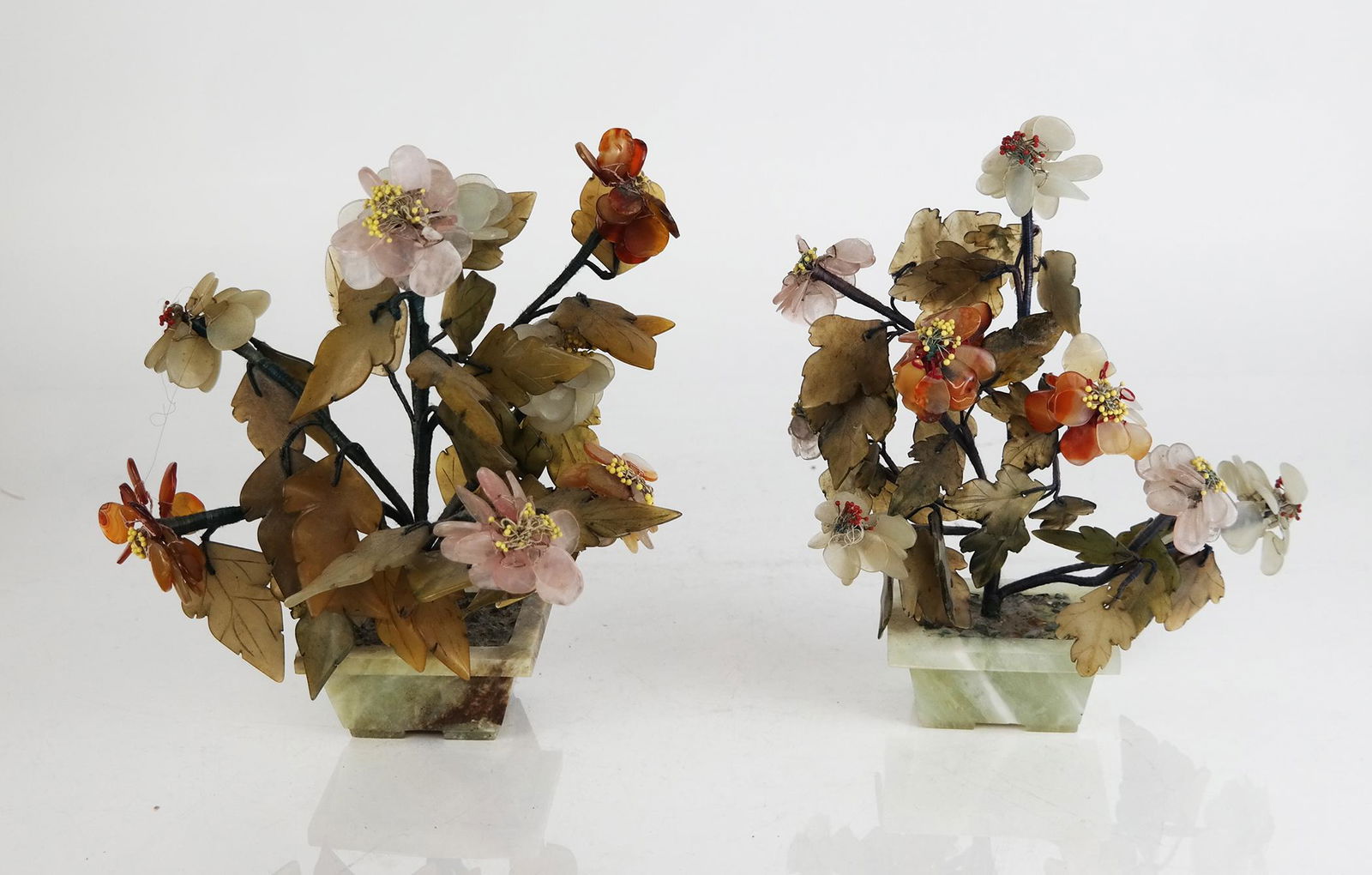 Pair of Asian Stone & Jade Flower Sculptures (1 of 7)