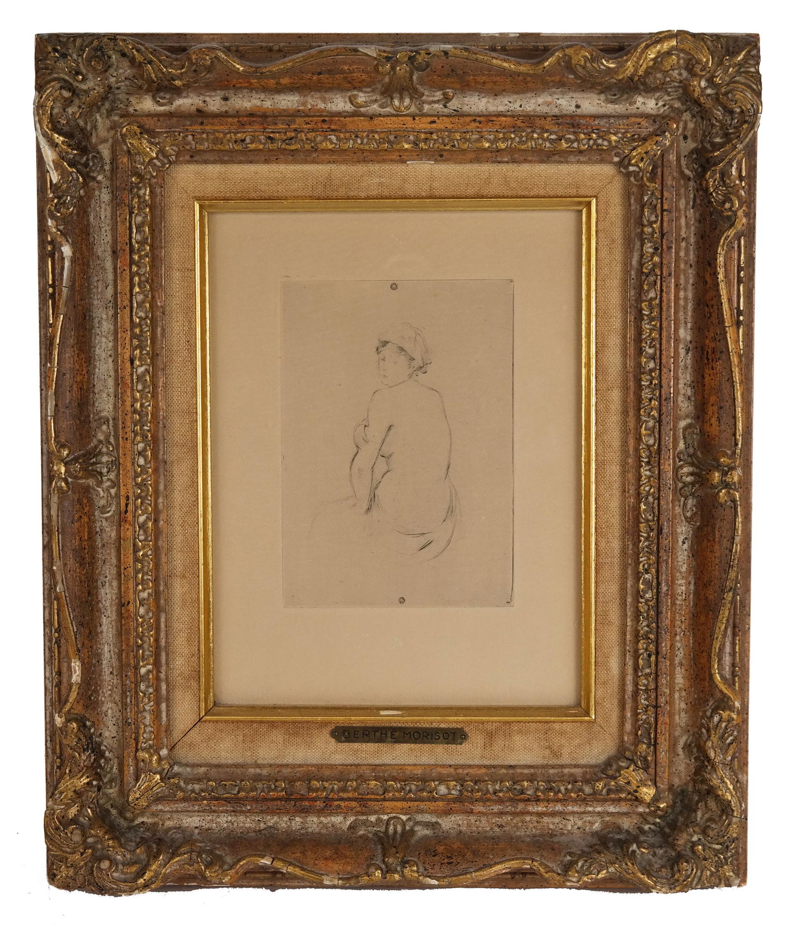 Berthe MORISOT: Female Nude Study - Engraving: Berthe Morisot (French, 1841-1895) engraving of a rear study of a female nude, notation on back. [Art: 5 1/2" H x 4" W; Frame: 14" H x 12" W].