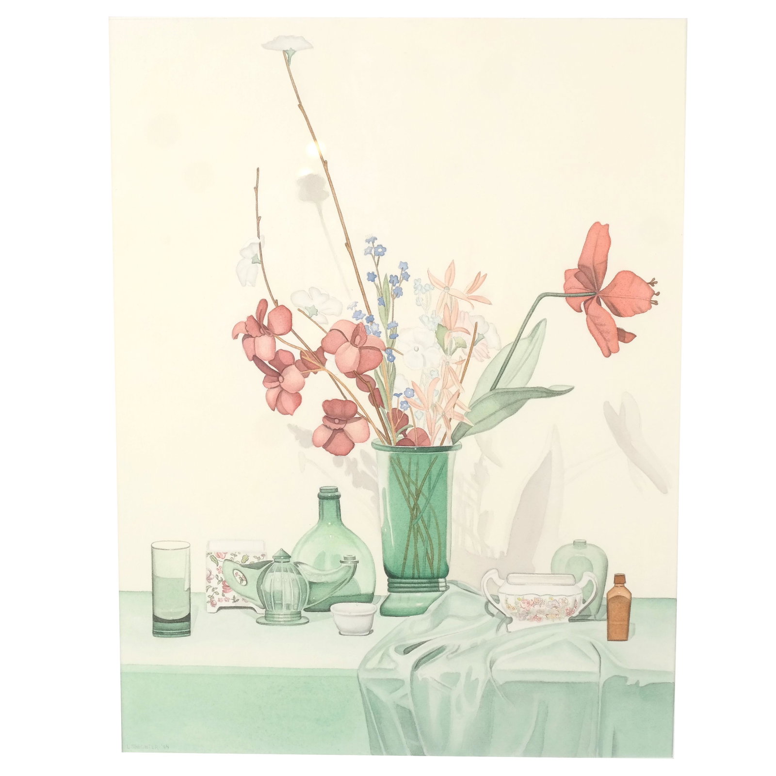 Laura SHECHTER: Floral Still Life - Watercolor: Laura Shechter (American, b. 1944) watercolor table still life with flowers and green glass; signed lower left and dated, '84. Robert Schoelkopf Gallery label to verso. [Art: 16" H x 12" W; Frame: 25"