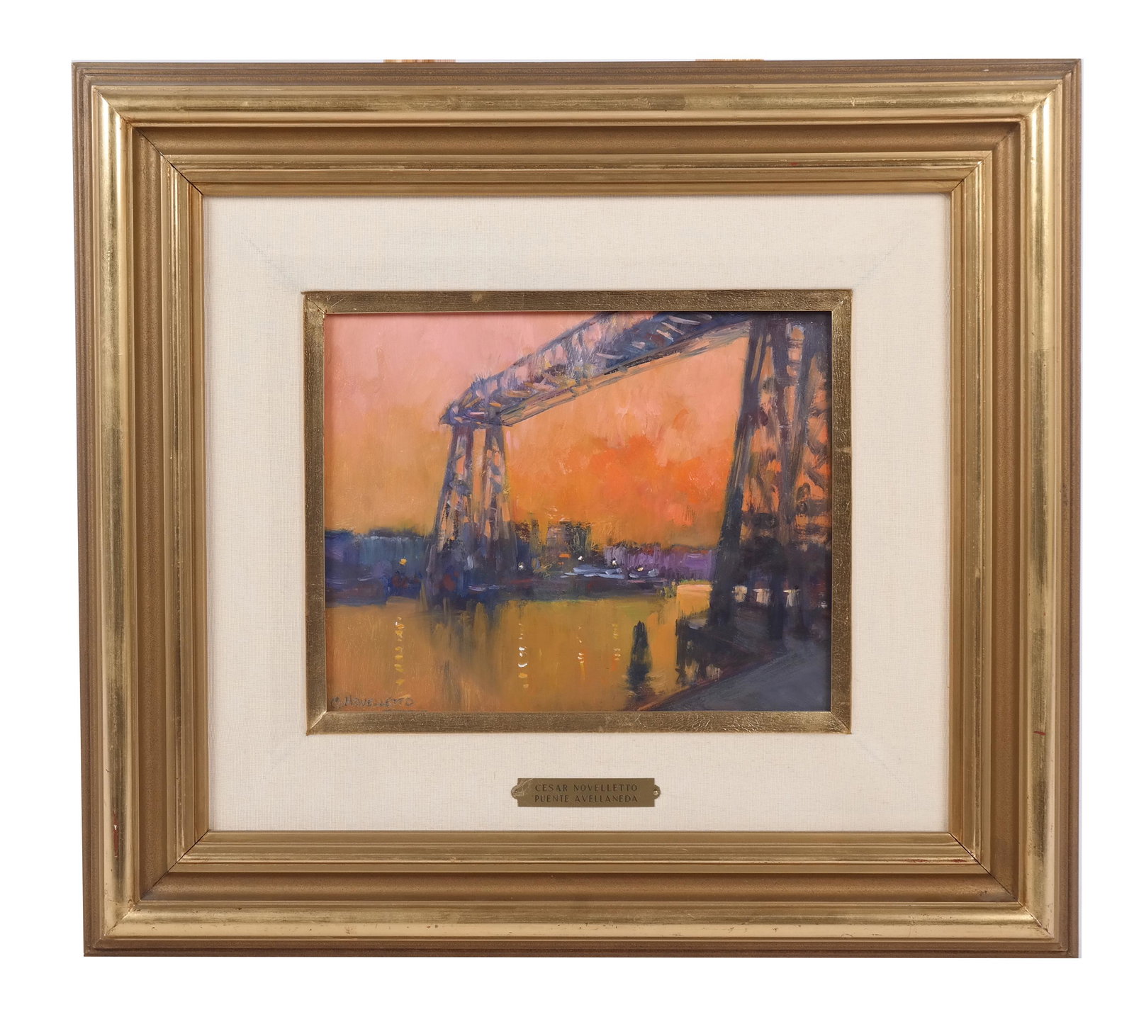 Cesar NOVELLETTA: Shipyard Bridge - Oil on Board: Cesar Novelletta (Argentinian, b. 1949) oil on board painting of a shipyard bridge over a river, titled "Puente Avellaneda"; signed lower left, and noted on back. [Art: 9" H x 11" W; Frame: 20" H x 23