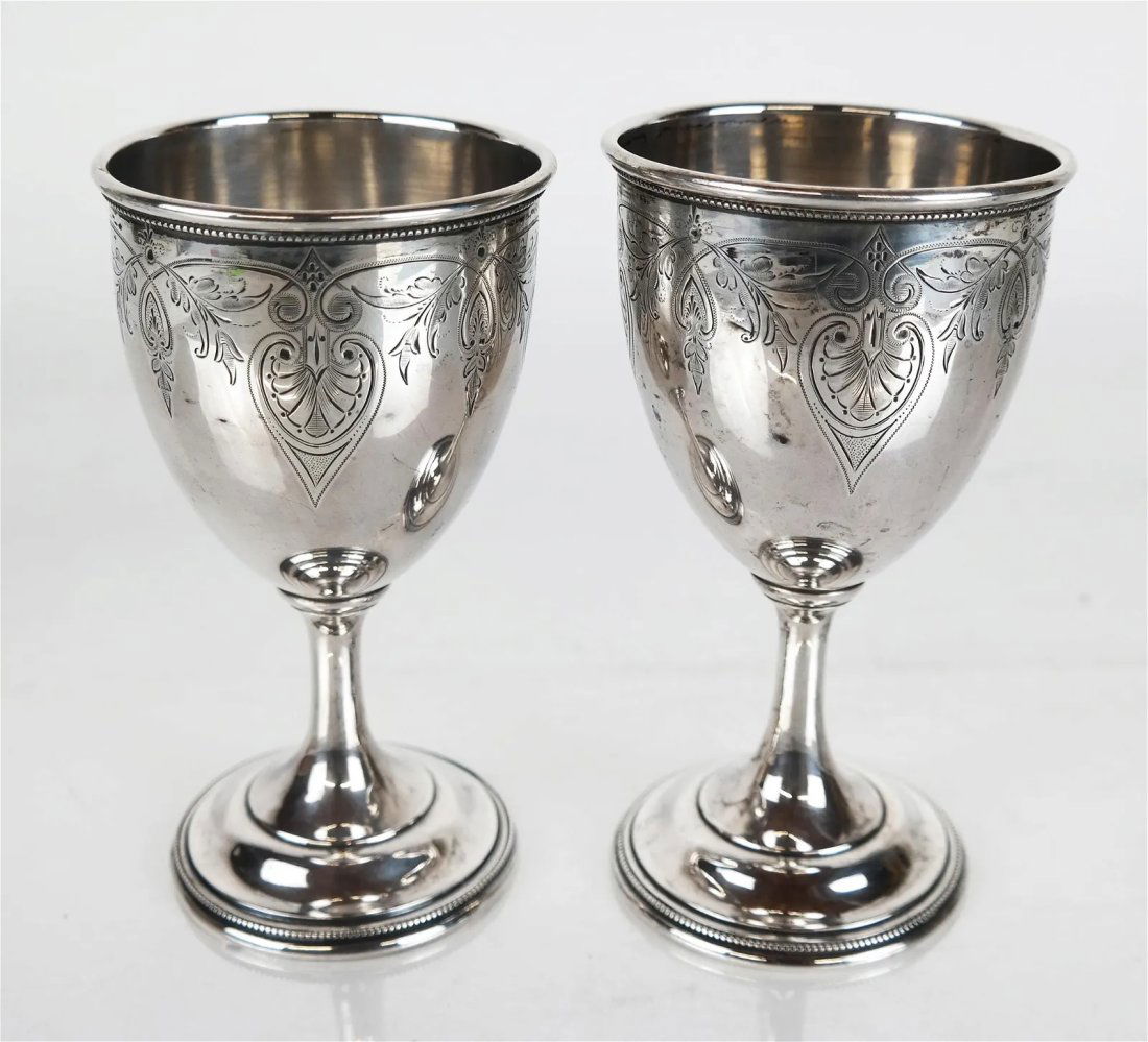 Pair of Krider & Biddle Silver Goblets: Pair of silver goblets by Krider & Biddle, having bell-shaped bowls, tapered stems, stepped foot and beaded moldings; George Sharp JNR, Atlanta G.A., after 1871. [6" H x 3 1/2" W].
