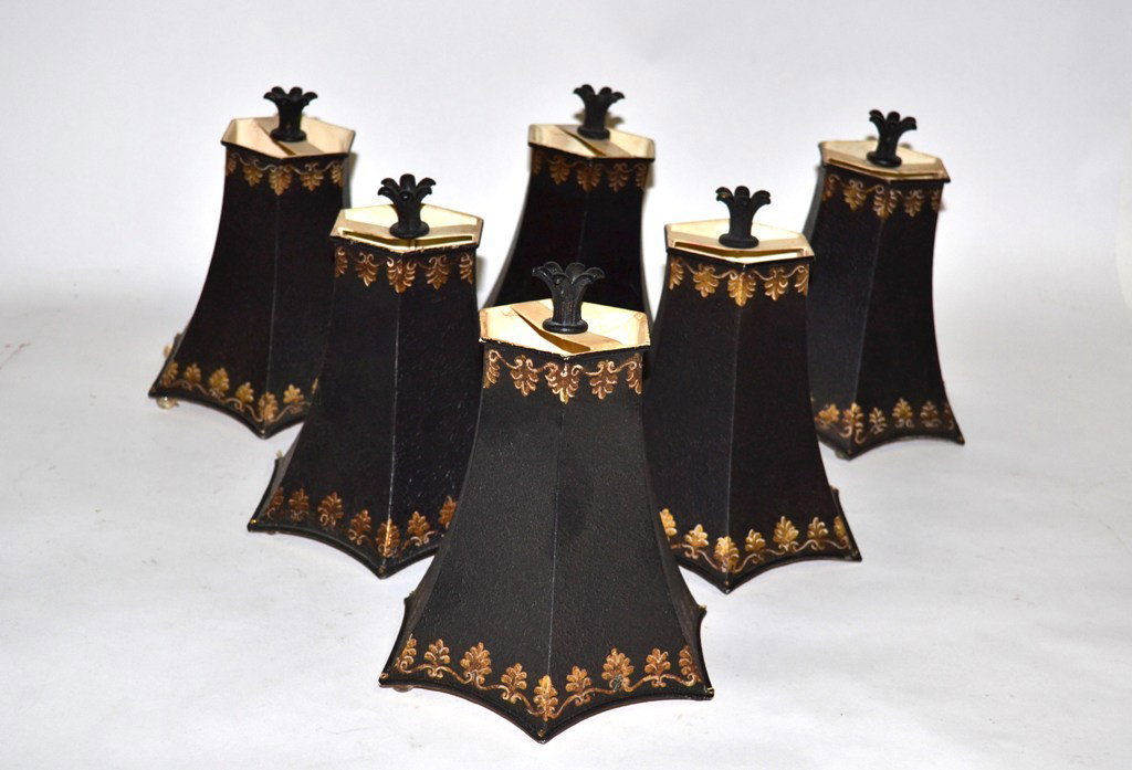 Six Italian Painted Tole Shades: Set of six Italian tole painted shades tapering toward top, each bear six glass ball accents and plume finials. 7.5" Dia at base x 8.25" H to finial.