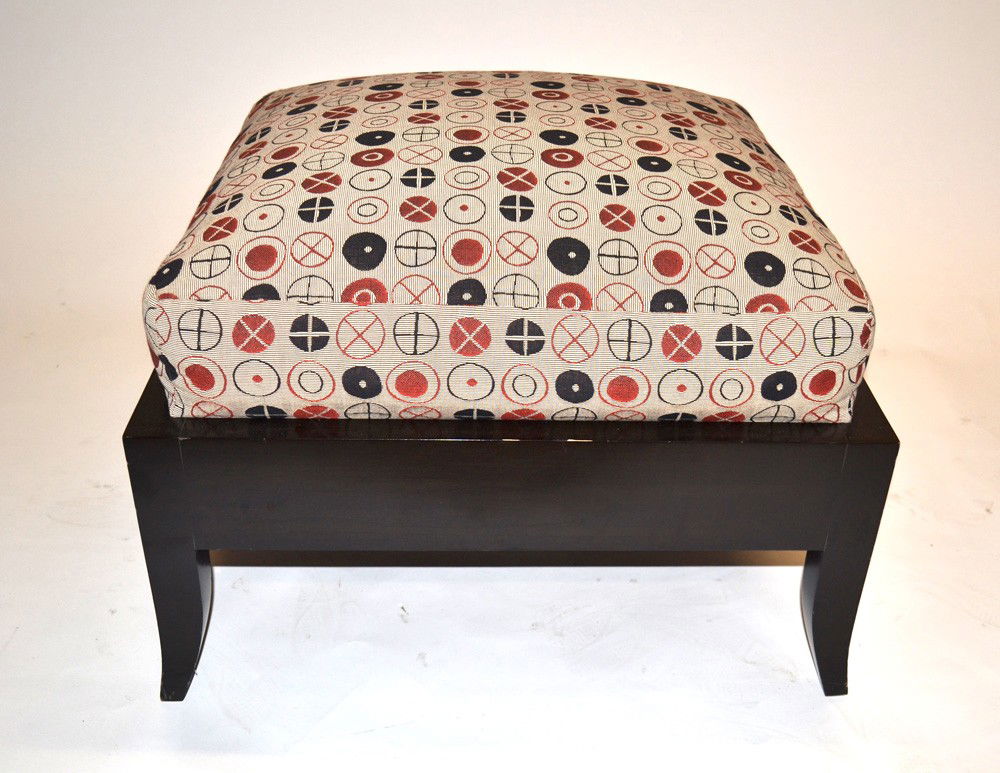 Dakota Jackson "Ceylon" Ottoman: Dakota Jackson "Ceylon" ottoman on ebonized wood frame with splayed legs. 25" x 25" x 18" H.