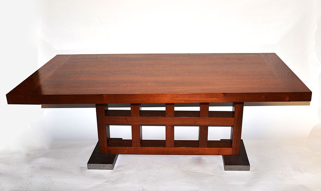 Berman Rosetti Ocampo Table: Modern rectangular dining or conference table having a block form, openwork base with steel supports. 78" L x 42" D x 29" H (no leaves). Good condition.