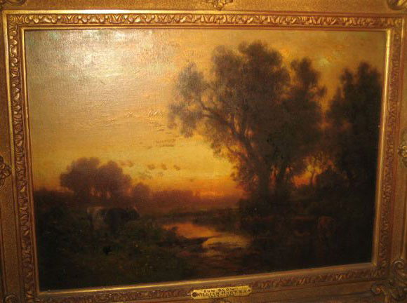 William M. Hart, (1823-1894 "Sun Glow": A William M. Hart, American (1823-1894) oil on canvas entitled "Sun Glow" on plaque on lower center of frame. Signed lower left: "W. Hart." Plaque on frame, "William Hart 1823-1894." Label verso, "New