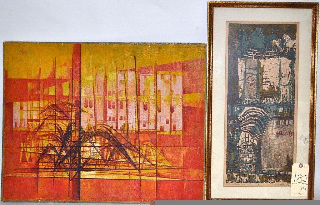 Two Works: Ellen Nathan & Anna Gasteiger: Two art works: Anna Gasteiger abstract mixed media on board, 23" x 29" (not framed), titled "Tulips," and signed "G" at bottom right. Scuffs and scratches. Accompanied by a wood-cut print inscribed at