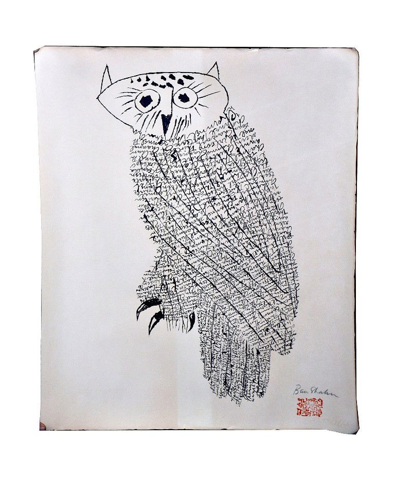 Ben Shahn "Channel Thirteen" Owl Lithograph: Ben Shahn (American, 1898-1969) Lithograph depicting an owl composed of script "Channel Thirteen." Signed "Ben Shahn" in pencil at bottom right above his red ink stamp signature. Image: 24" x 13" on w