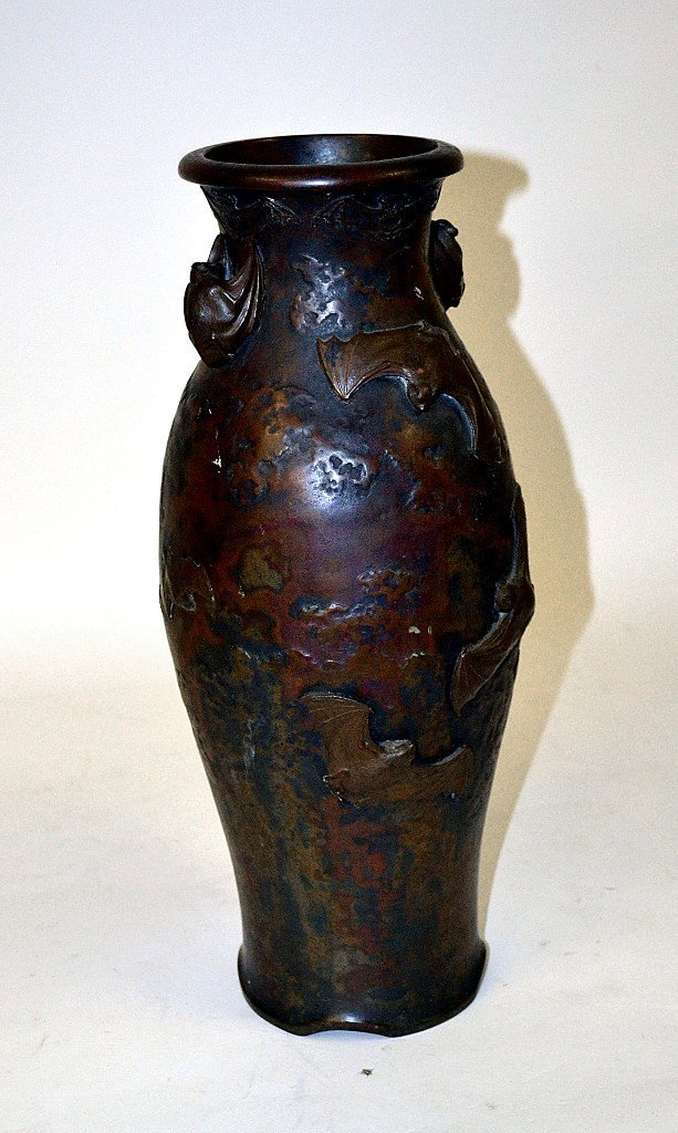 Signed Rare Bronze Bat Vase: Balaster form vase having "Bats" attached. 16.5".