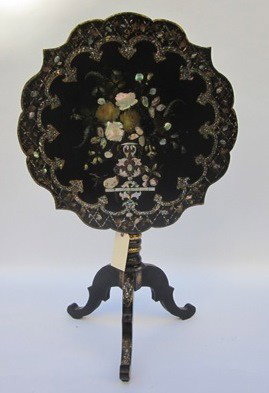 Victorian Tilt Table: Victorian papier mache and mother of pearl tilt top table on a tripod base. Good condition, losses. 39.5" H (tilted) x 25" Dia x 26.5" H (top down)