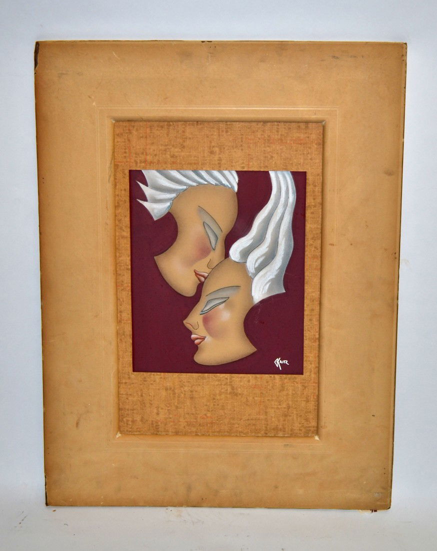 Gustave Kaitz (1913-1992) "Two Faces": Gustave Kaitz (American, 1913 - 1992) Stylized Art Deco pastel depicting two 1/2 profile faces against a purple background. Signed "G. Kaitz" at bottom right, image showing 12.25" x 10.25" on crescent