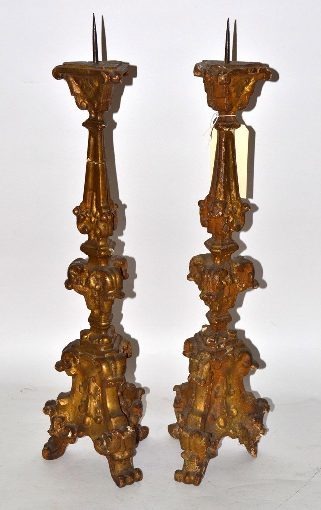 Pair of 18th C. Indian Pricket Sticks: Each having three scrolling feet (one as is), in graduated urn-form, Rococo style. All-around losses.