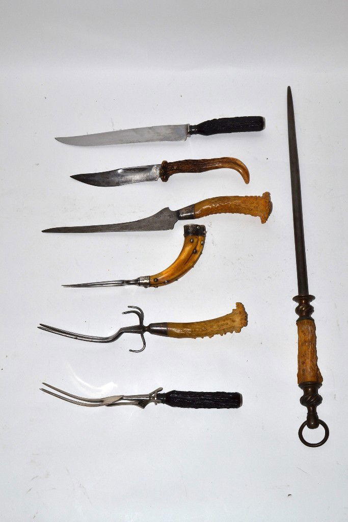 Black Forest Horn Carving Tools (7): Group of seven antique and vintage horn handle carving tools. Comprises two fork and knife sets, one single fork and knife, and a ploning tool. Group bears various sterling, plate, and bronze mounts.