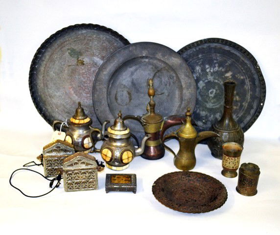 Antique & Vintage Persian Mixed Metal Group: Group of seven Indian and Persian antique and vintage mixed metal articles. Comprises brass, copper, pewter, and tin. Tallest: 13.5" H. 15 total items.