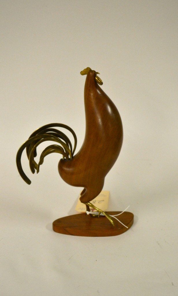 Hagenauer Wood & Brass Figure of a Rooster: A rare model with impressed marks on base, Hagenauer/Wien, along with a circular mark. H: 11.5"