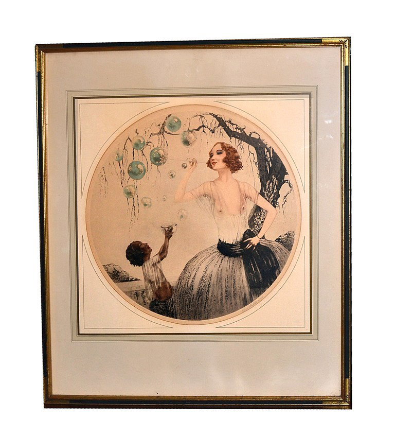 Guy, Deco Print, Woman & Child: "Des Bulles" by Guy. Published by Momi & Bendien, NY. Good condition. Art: 18.5" x 18.5", Frame: 27" x 31".