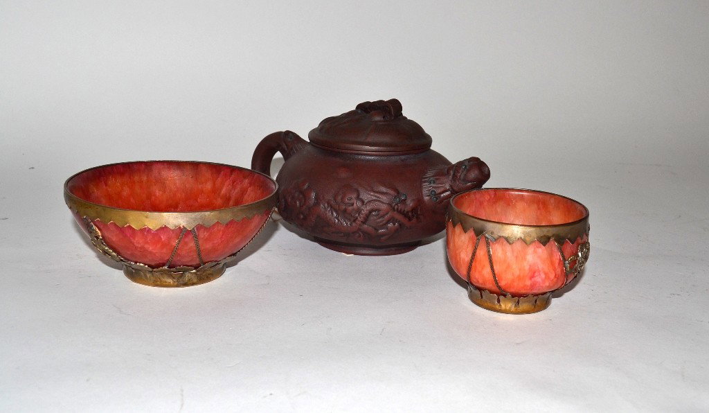 Group of Three Chinese Vessels: Group of three Chinese vessels. Comprises a vintage "Zisha" teapot with dragon décor, signed on lid, handle, and bottom. Accompanied by two brass mounted red-dyed alabaster bowls.