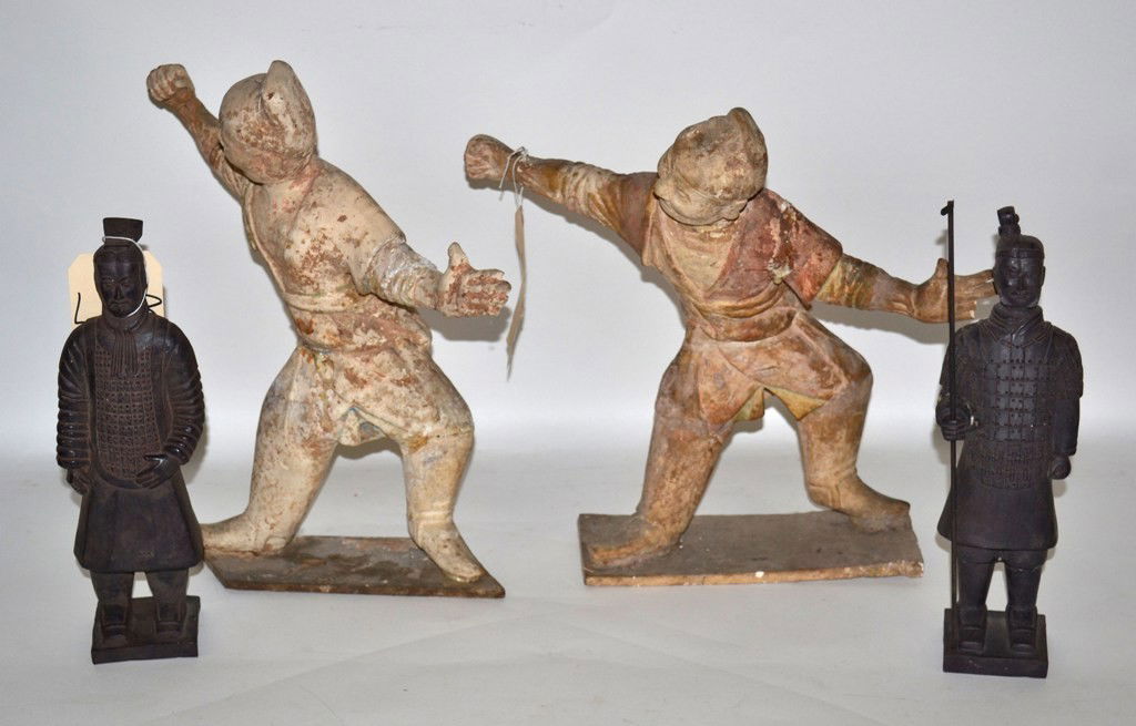 Four Antique & Vintage Chinese Ceramic Figures: Group of four antique and vintage Chinese ceramic figures. Two as is, requiring restoration. Comprises a pair of soldiers with armor and a pair of dancers. Several breaks and some loss. 12.5" H to 15"