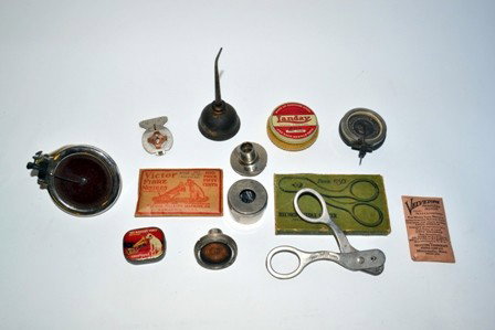 Assorted Edison and Victor Phonograph Accessories: Assorted Edison and Victor phonograph accessories. Includes needles, reproducers, recorder, needle cutter, and oil can. All in fair antique condition. 7 articles, and large needle group.