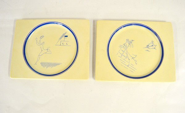 Clarice Cliff, Two "Biarritz" Plates: Two Clarice Cliff blue and white cruiseware plates. Both stamped "The Biarritz/Royal Staffordshire…reg. No. 784849.