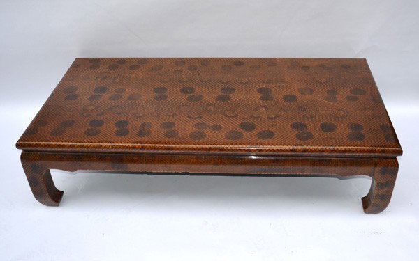 Snakeskin Low Table: 1970s/80s snakeskin covered low table. Clear coating as is. 30" D x 59" L x 14.5" H.