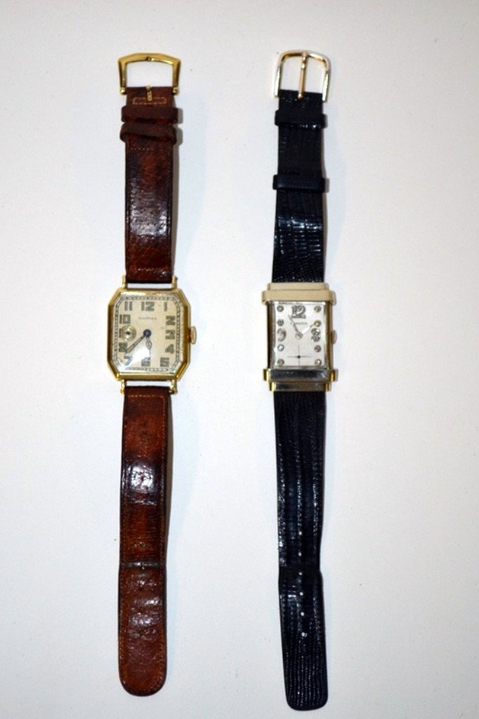 14K Diamond, Hamilton & Illinois Watch: A Hamilton "Top Hat", 14K wrist watch, having diamonds on the face, together with an Illinois, 14k 1930s wristwatch. Good condition.