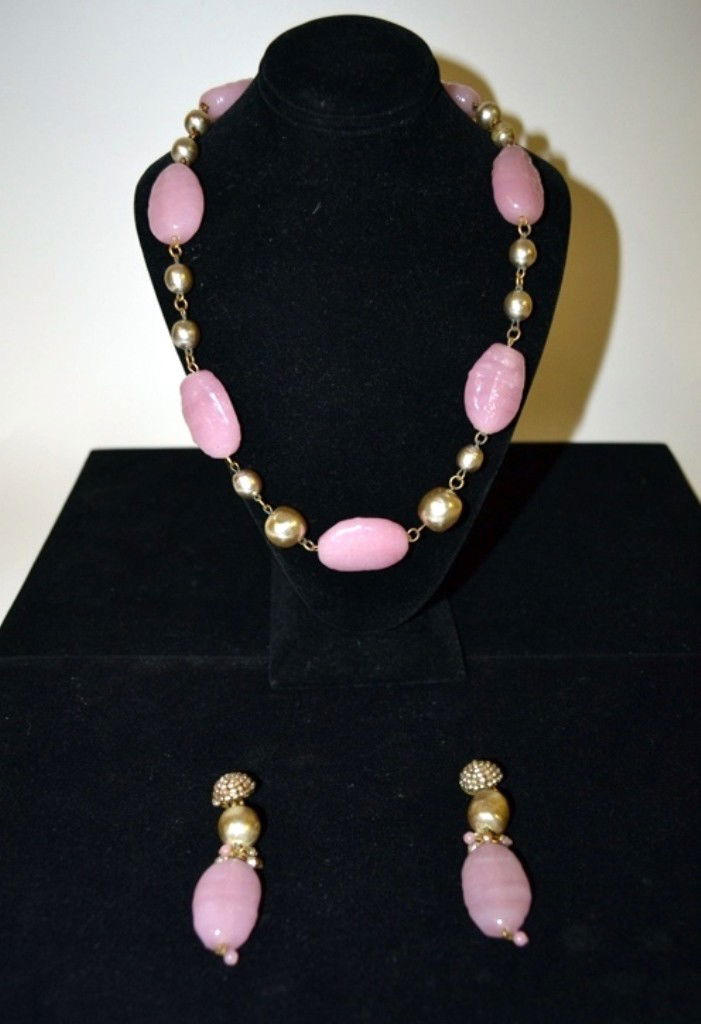 Miriam Haskell, Signed, 3 Pieces: Miriam Haskell purure necklace, together with a matching pair of earings. All having pearl and pink glass, the earrings signed Miriam Haskell.