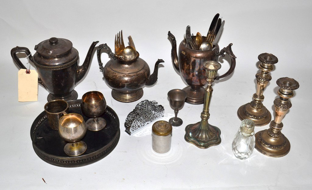 Lot of Silver Plate Table Articles: Lot of silver plate table articles. Includes candlesticks, Rogers Bros. flatware, teapots, serving tray, etc.