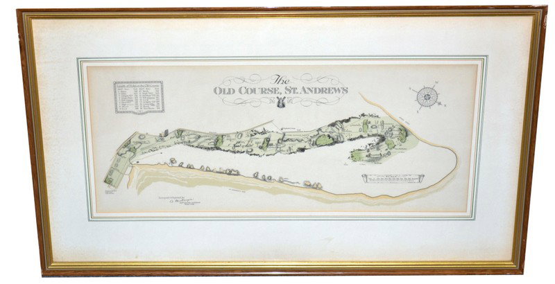 Golf: 1924 Map, "The Old Course, St. Andrews": Printed survey map, dated March, 1924, by A. Mackenzie, golf course architect, titled "The Old Course, St. Andrews." Image: 10" x 24", Frame: 18.25" x 31.5".
