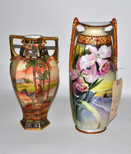 Two Nippon Vases: A floral and country scene painted vase, together with an Arabian scene decorated vase, both Nippon. 10.5"-12.5". Good condition