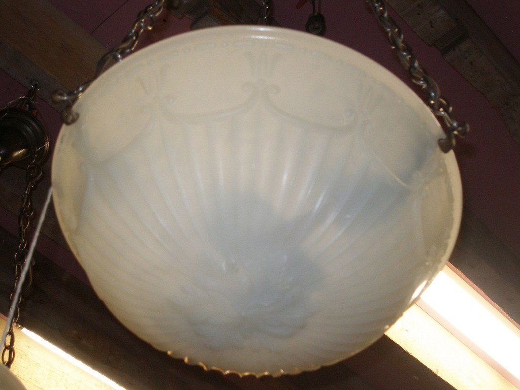 Alabaster Shade: White alabaster shade bell, garland and reed design. Good condition. 15.75" dia