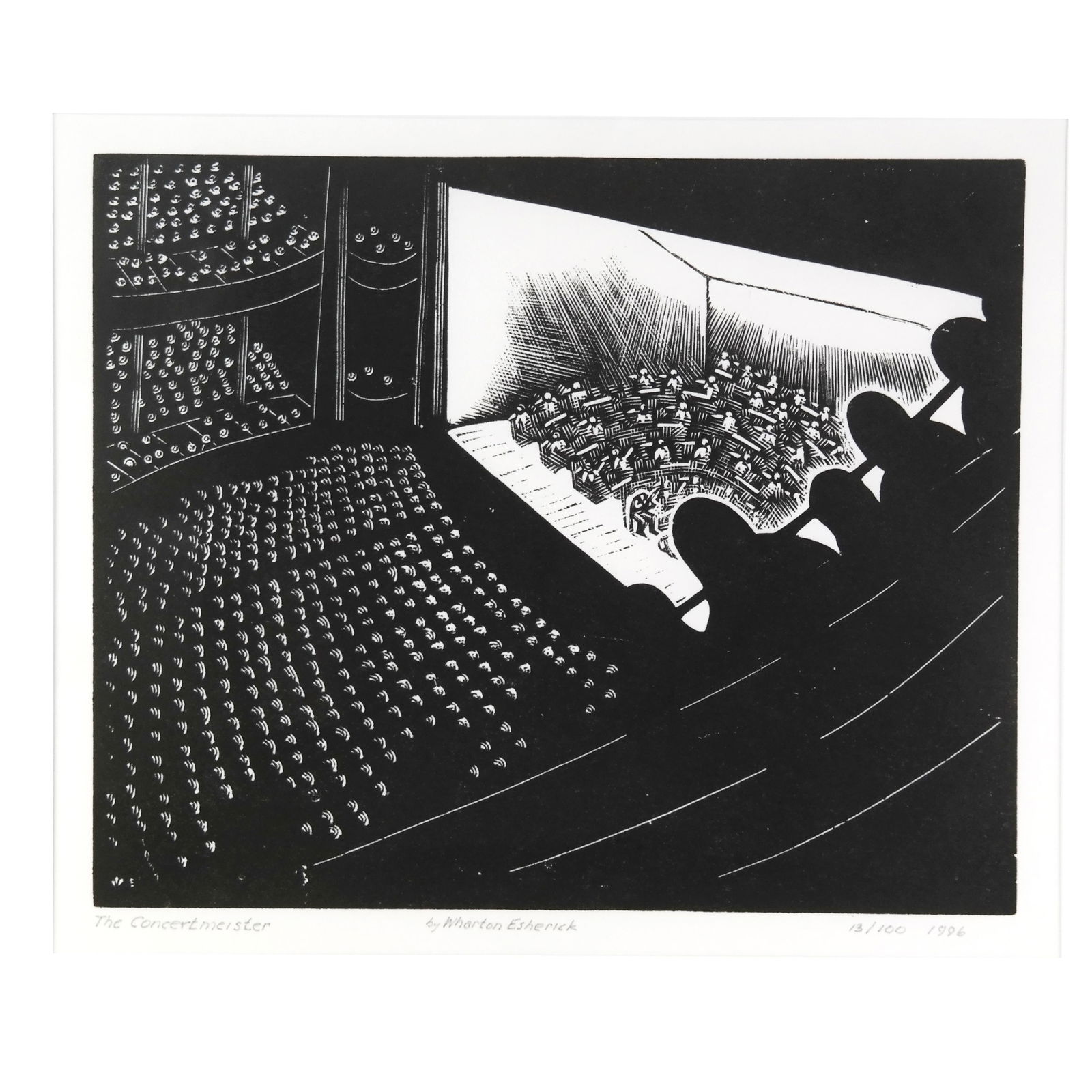 After Wharton ESHERICK: "The Concertmeister": Woodblock reprint after Wharton Esherick (American 1887-1970) "The Concertmeister"; titled lower left, edition 13/100, circa 1996. Provenance: From the Museum Gallery Bookshop in Fairfield, Connecticu